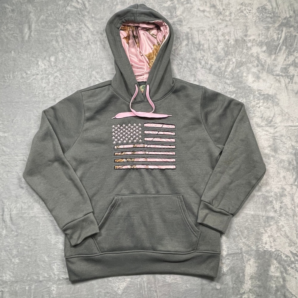 Mossy Oak Hoodie Women Medium Gray Pink American Flag Camo Lined Sweatshirt